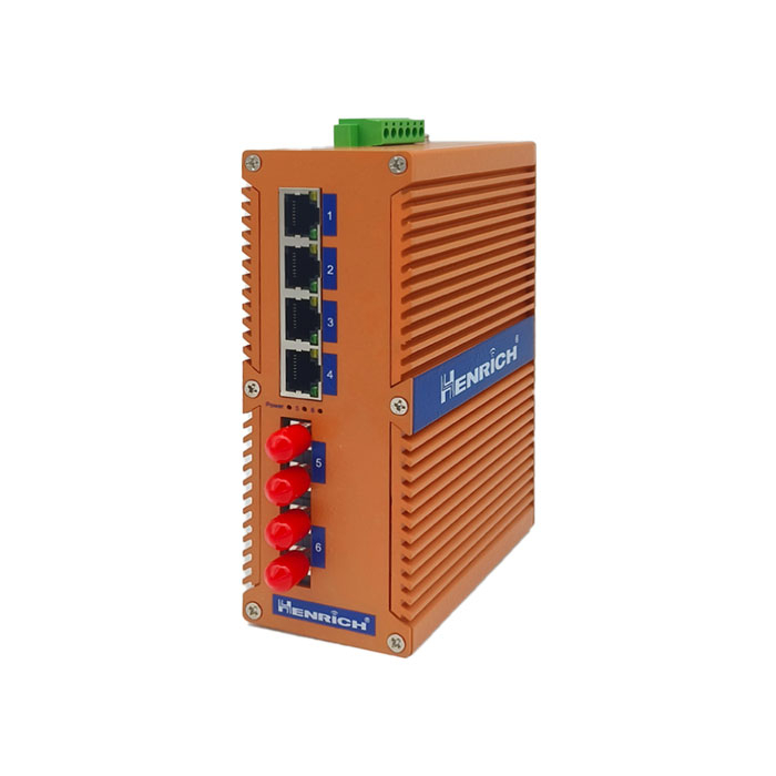 A picture of Henrich HES6GB-Z-2ST 6-port (with 2 Optical Fiber Ports) Full Gigabit Din-rail Unmanaged Ethernet Switch