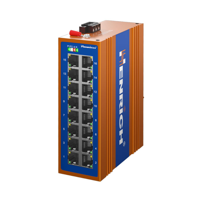 A picture of Henrich HES16A-Y 16-port Din-rail Unmanaged Ethernet Switch