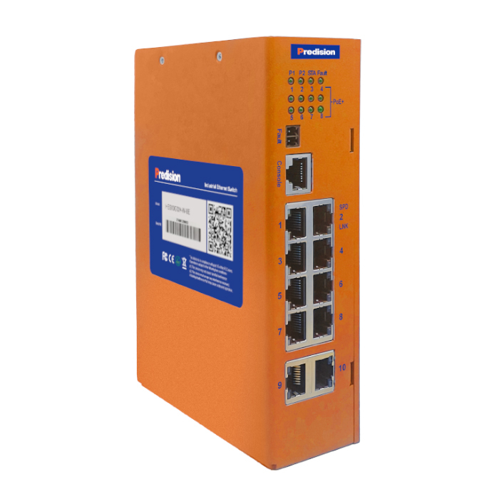 A picture of Predision HES10GMA-W-8E 10-port Din-rail Gigabit Full Layer 2 Industrial Managed PoE+ Ethernet Switch